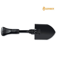 Sammenleggbar Gerber Gorge spade med svart finish, robust monot og komfortabelt grep.